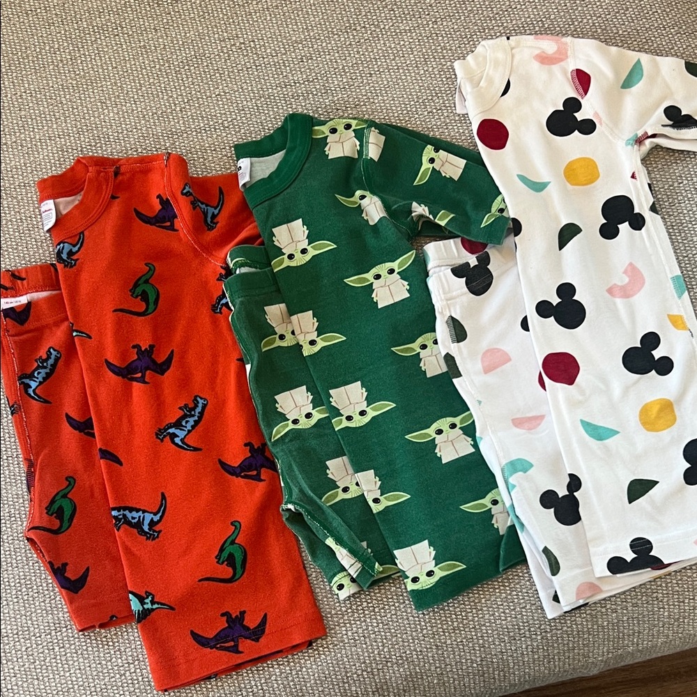 Kids Cotton Pajama Bundle- Green Baby Yoda, Orange Dinosaurs, White Mickey Print